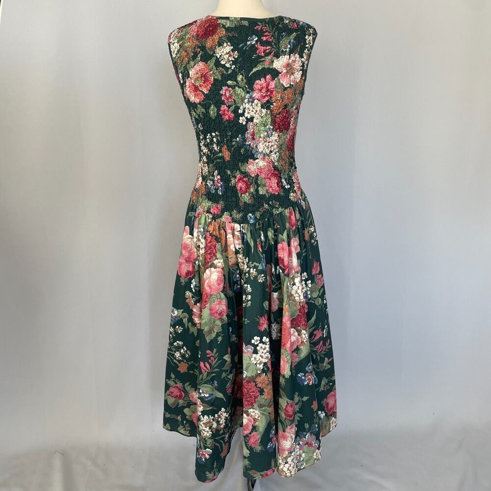 Vintage Midi Dress Size 10 Green Pink Floral Botanical Garden Spring Romantic - Picture 2 of 16